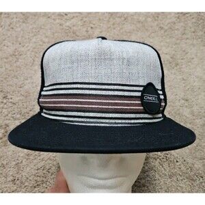 O’NEILL Snapback Adjustable Hat Cap Black Gray Striped Surfer Skater OSFM